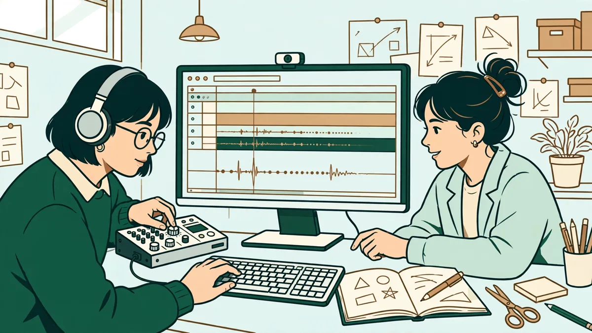 Deux étudiantes devant un grand écran de montage vidéo, timeline et aperçus visibles sans texte, l’une règle le son au casque pendant que l’autre annote un carnet.