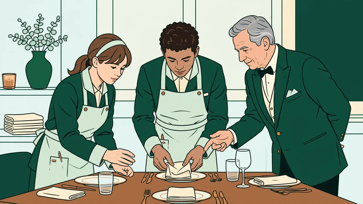 Deux apprentis en tenue qui dressent une table de restaurant gastronomique sous l'oeil d'un maître d'hôtel