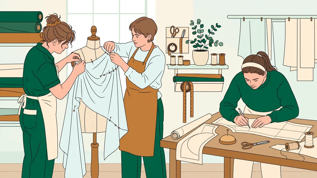 Deux apprentis en atelier mode drapant un tissu sur un mannequin couture pendant qu’un autre trace un patron sur une table de coupe