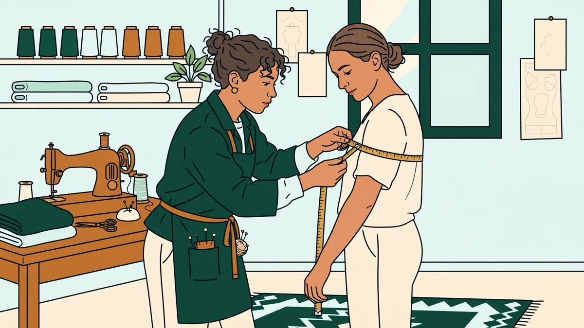Une apprentie prenant les mesures d’une cliente avec un mètre ruban dans un petit atelier lumineux
