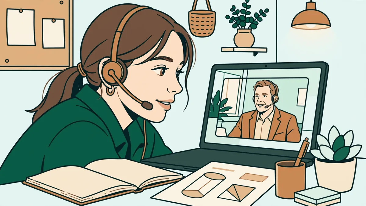 Une apprentie en appel vidéo avec un client étranger, carnet et fiche produit posés devant elle