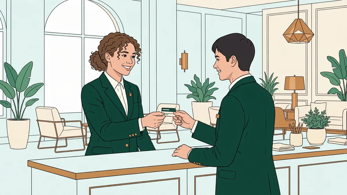 Deux étudiants en uniforme d'hôtellerie accueillent des clients à une réception d'hôtel, l'un tend une carte de chambre.