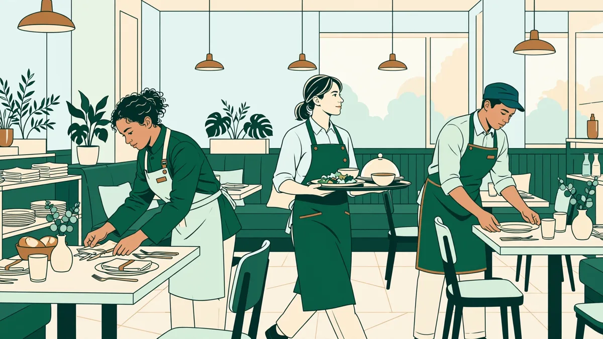 Trois apprentis en tenue de service dressent des tables et servent des plats dans une salle de restaurant lumineuse.