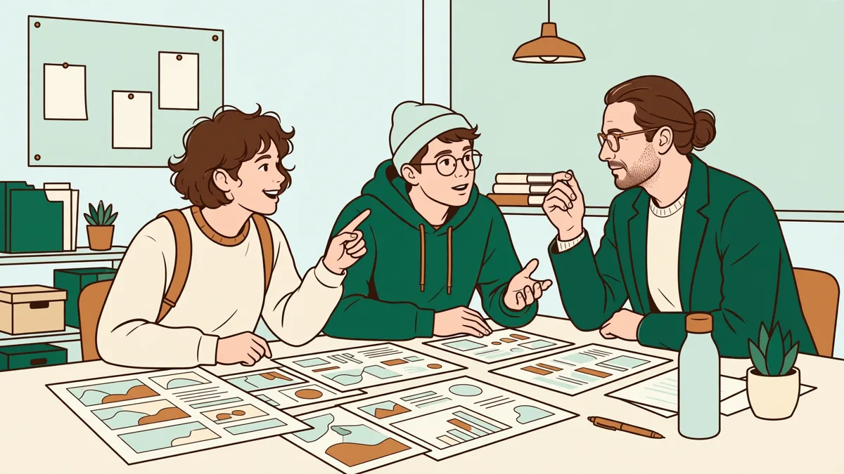 Deux apprenties qui présentent une maquette de campagne imprimée à un professionnel autour d'une table