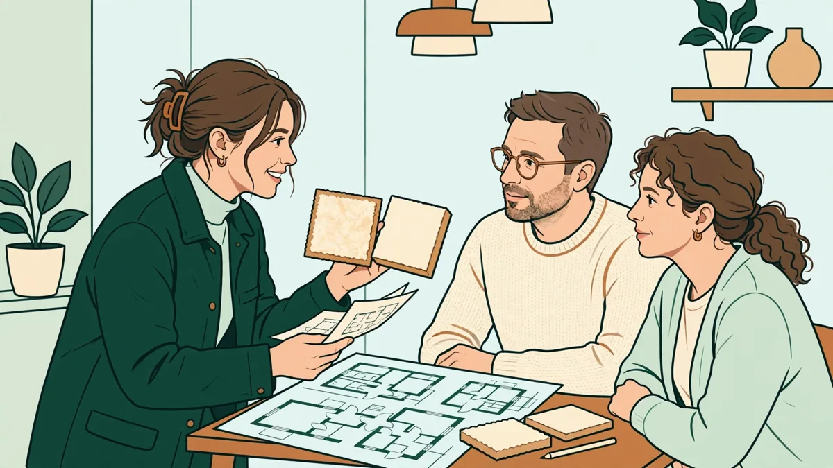 Une apprentie présentant un scénario de travaux avec croquis et échantillons de matériaux à un couple autour d'une table