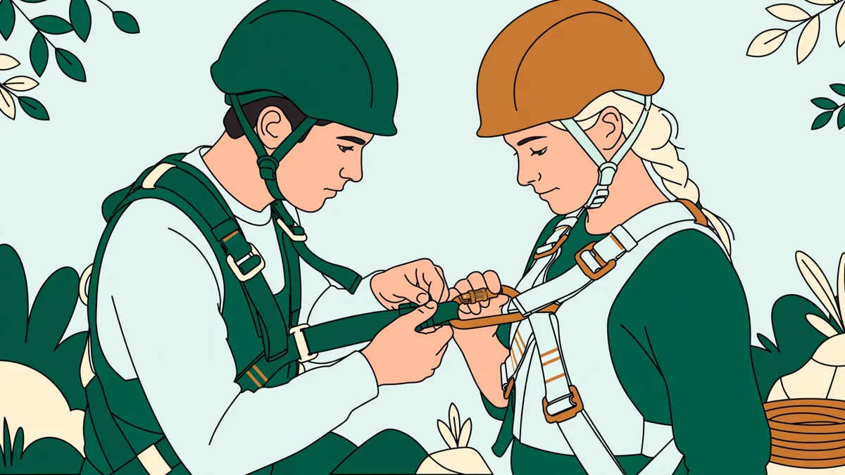 Deux apprentis en casques qui se contrôlent mutuellement harnais, mousquetons et casques avant une descente sur corde