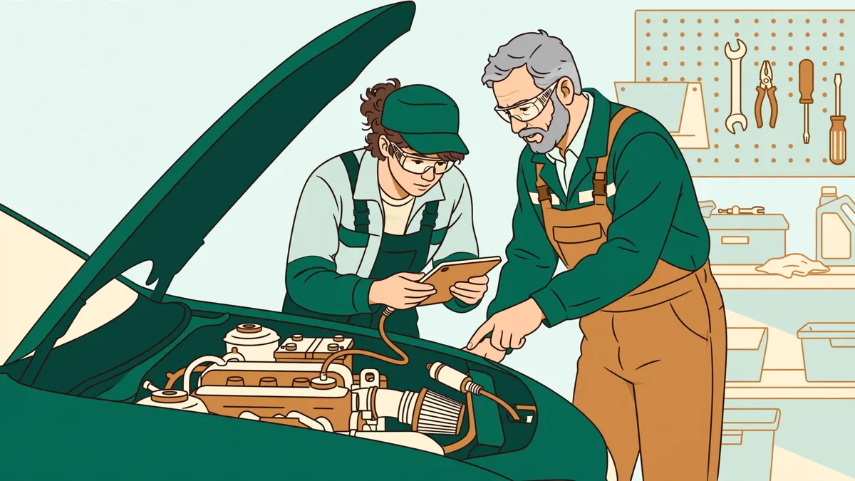 Un apprenti penché sur le moteur ouvert d'une voiture, tablette de diagnostic branchée, un technicien à côté qui montre une mesure