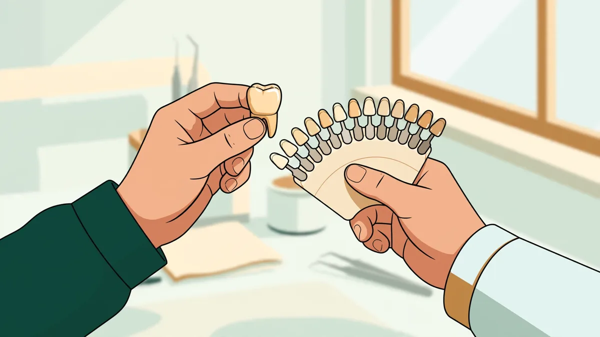 Deux apprentis qui comparent la teinte d'une couronne céramique avec un teintier, près d'une fenêtre d'atelier.