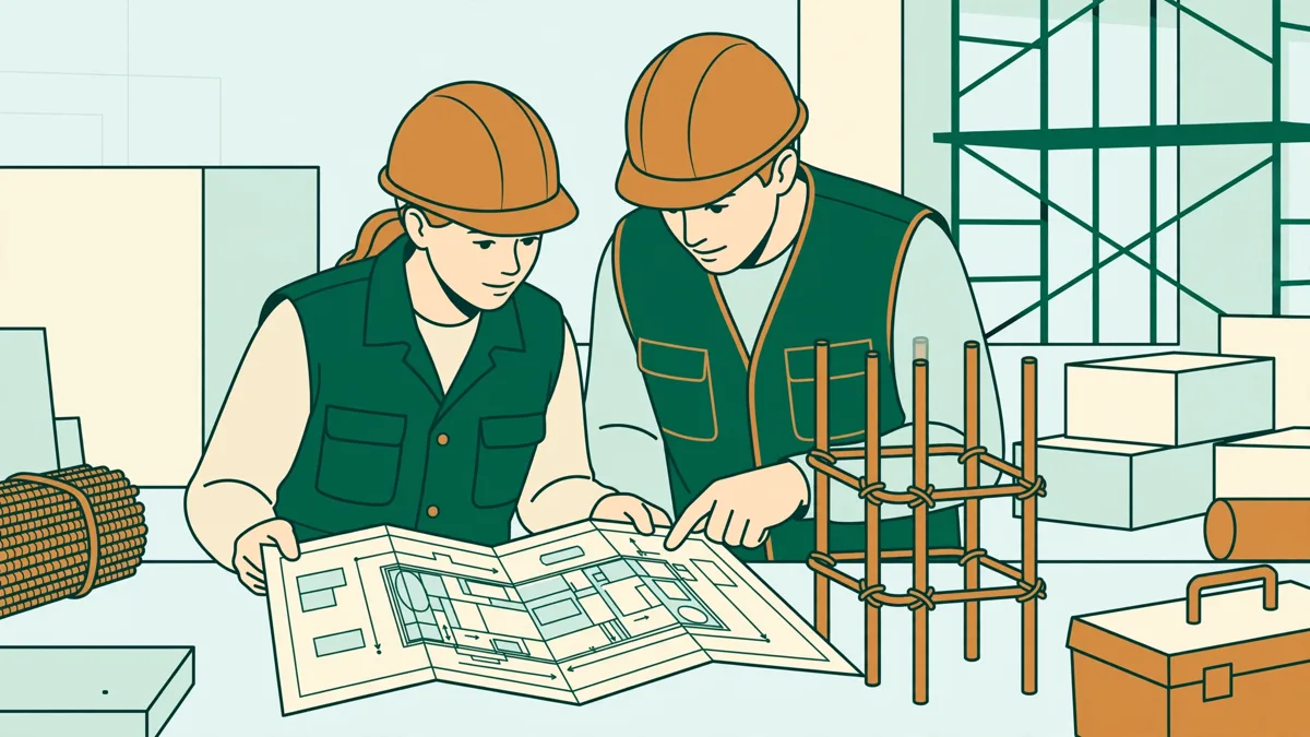 Deux apprentis en casque et gilet vérifient un ferraillage et un plan sur un chantier gros œuvre