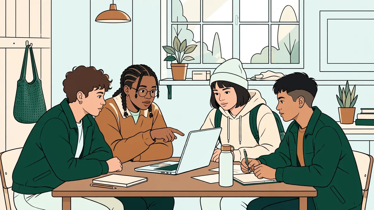 Quatre apprentis autour d'une table qui testent ensemble une application sur un ordinateur portable, l'un montre l'écran aux autres.