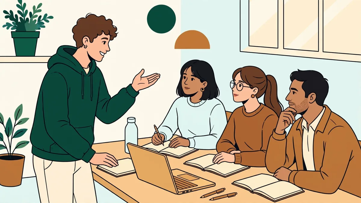 Un jeune formateur qui anime un atelier participatif pour un petit groupe d'adultes autour d'une table