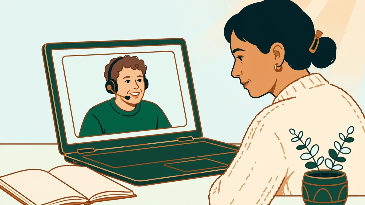 Une tutrice en casque qui accompagne un apprenant adulte en appel vidéo sur un ordinateur portable
