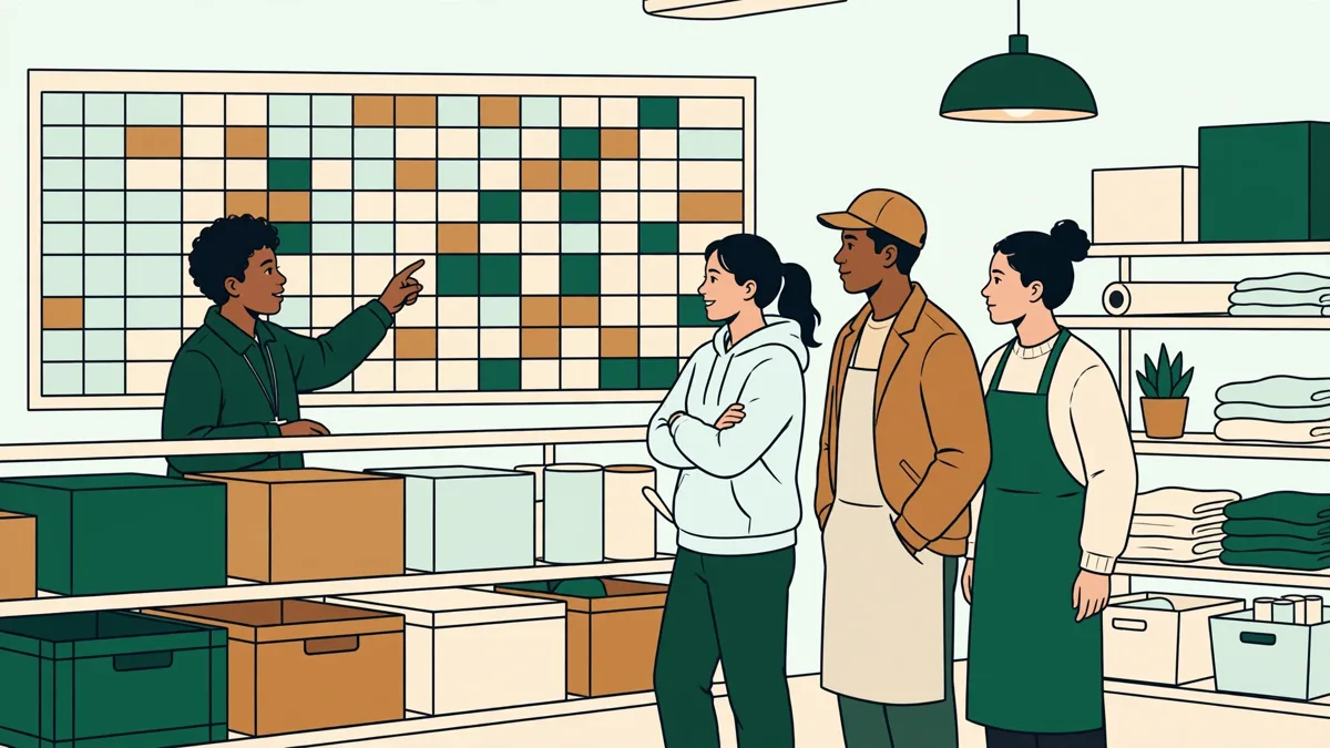 Un jeune responsable en polo qui briefe trois employés dans la réserve d'un magasin, autour d'un planning affiché au mur.