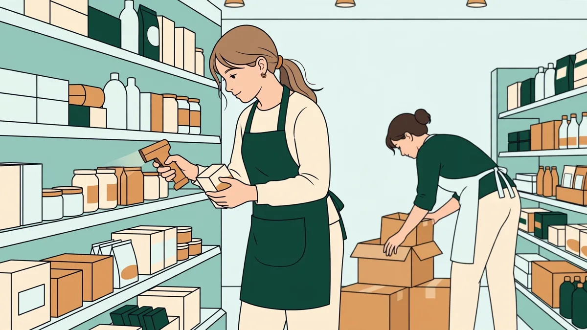Une apprentie en tablier qui réorganise un rayon de supermarché et scanne des produits, pendant qu'un collègue range des cartons derrière elle.