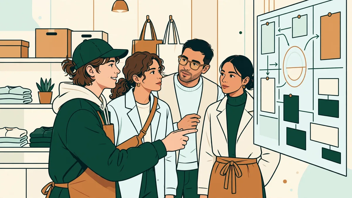 Une apprentie qui anime un brief devant trois vendeurs dans une réserve de magasin lumineuse.