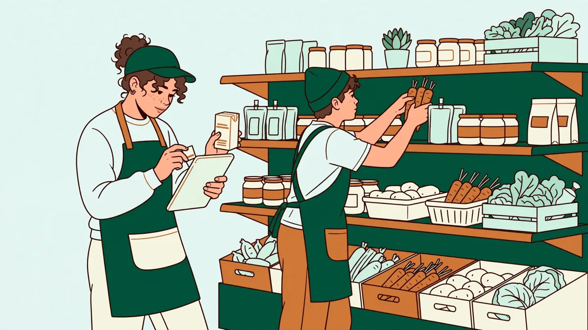 Deux apprentis en rayon qui contrôlent des stocks et réajustent un facing devant des étagères garnies.