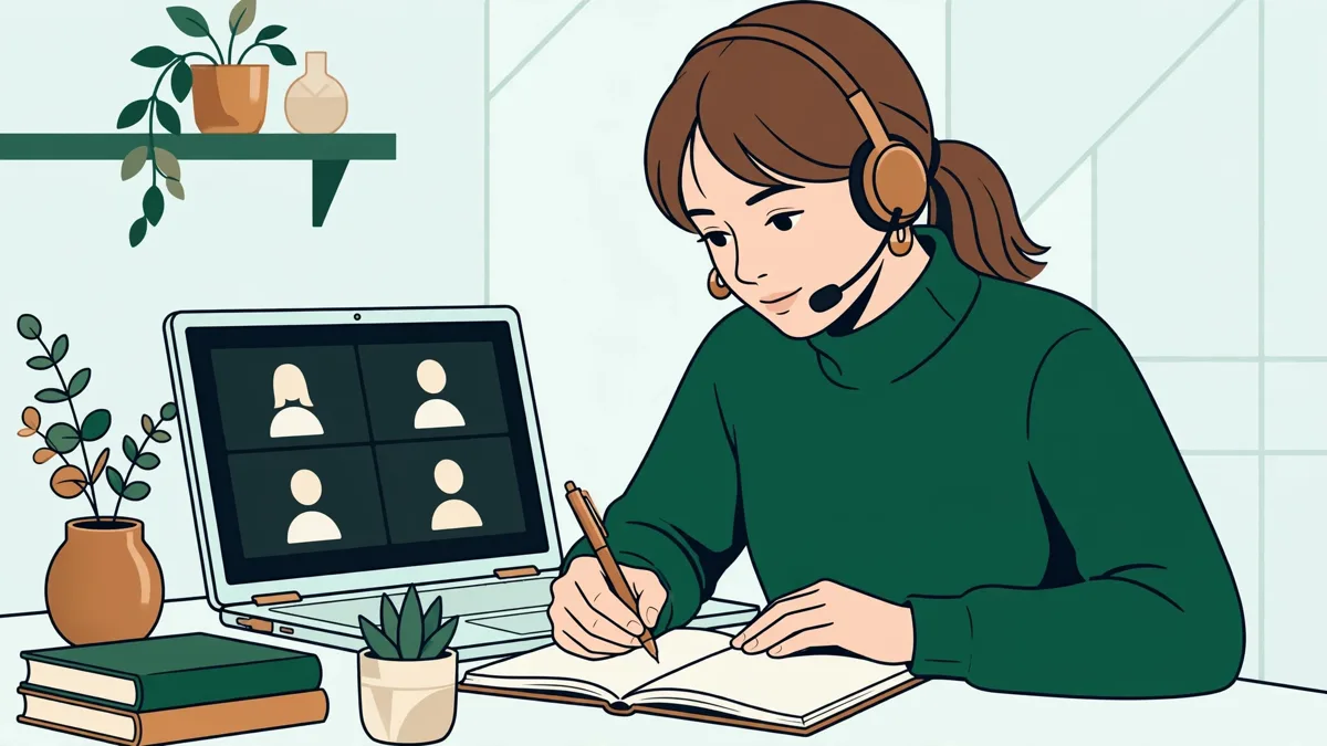 Apprentie suivant un cours en direct sur ordinateur portable, carnet ouvert et casque sur les oreilles