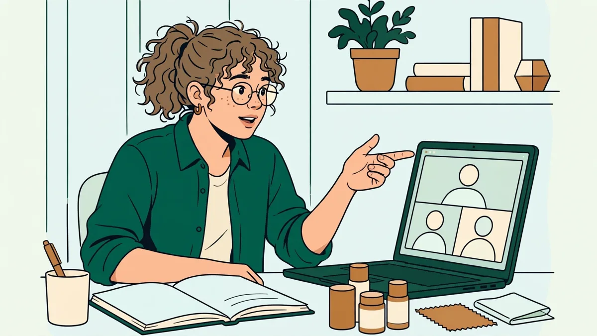 Jeune apprenti en rendez-vous de vente en visioconférence, présentant une solution technique à un client