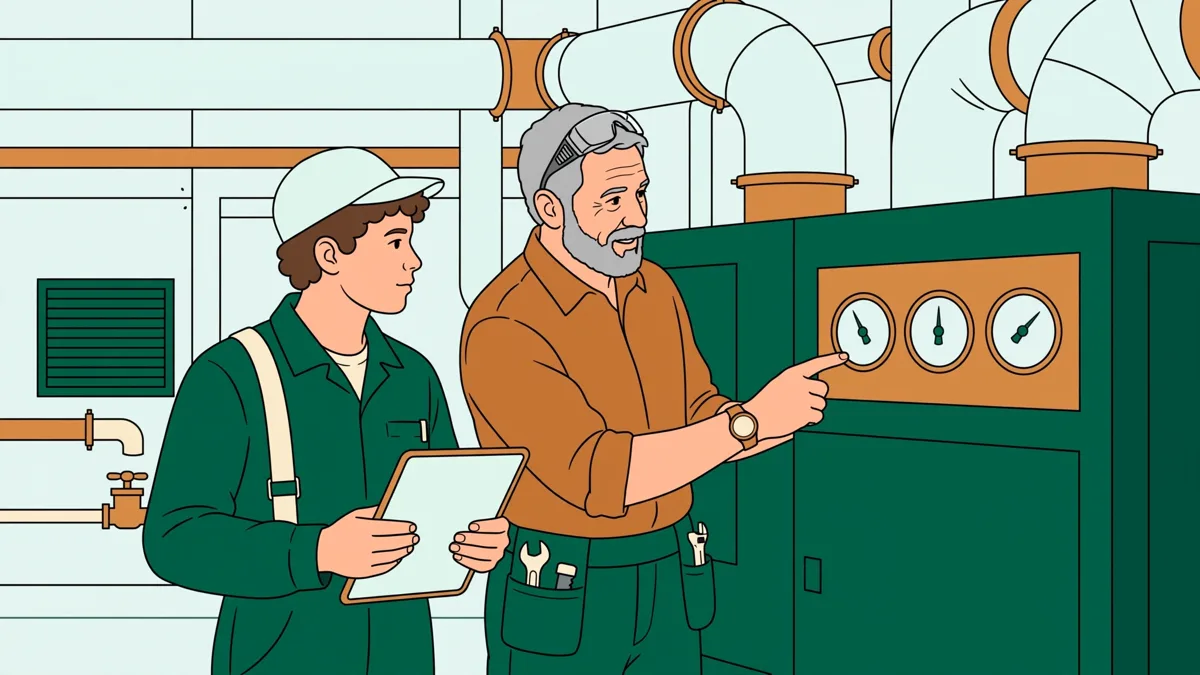 Un apprenti avec tablette devant une centrale de traitement d'air, guidé par un technicien