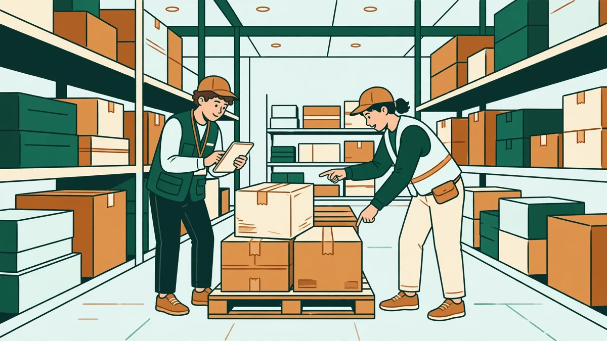 Illustration dessinée de deux apprentis en logistique qui contrôlent des palettes dans une allée d'entrepôt, l'un avec une tablette, l'autre qui pointe un carton.