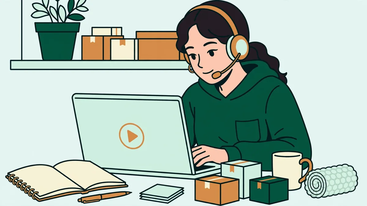 Illustration dessinée d'une apprentie en logistique qui suit une classe virtuelle sur son ordinateur portable, casque sur les oreilles, carnet ouvert et colis à côté.