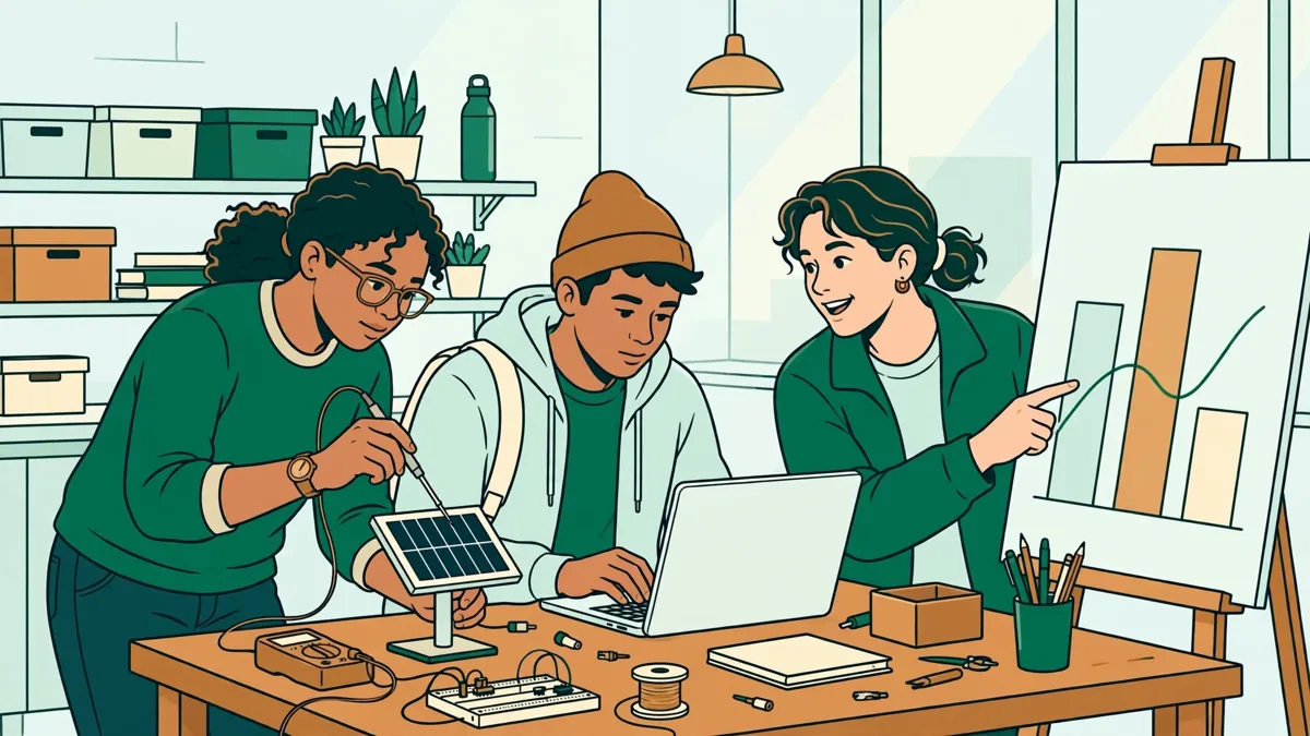 Trois étudiants en atelier qui relèvent des mesures sur une maquette de panneau solaire et comparent leurs résultats sur un ordinateur portable.