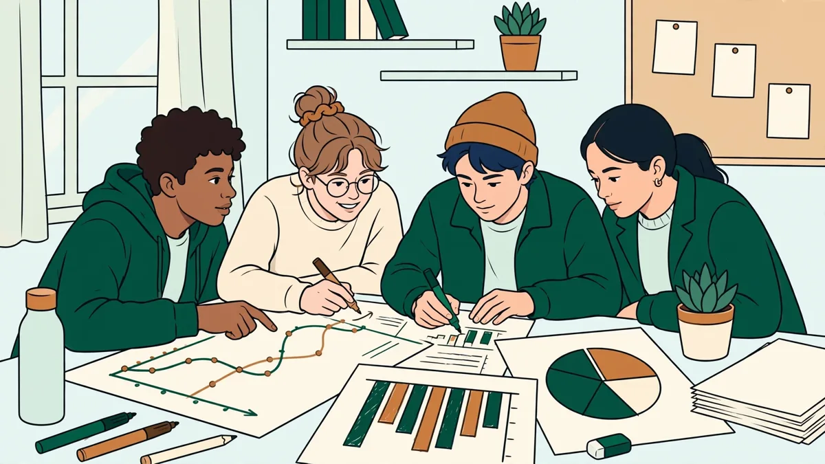 Quatre étudiants autour d'une table qui préparent ensemble un exposé avec schémas et courbes sur grandes feuilles.