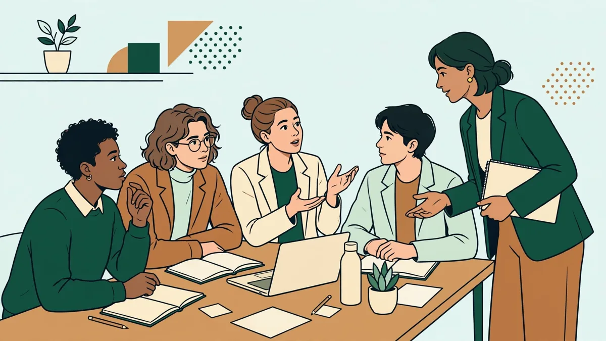 Des étudiants en gestion débattent en petit groupe autour d'une table, avec carnets et ordinateur, animés par une enseignante.