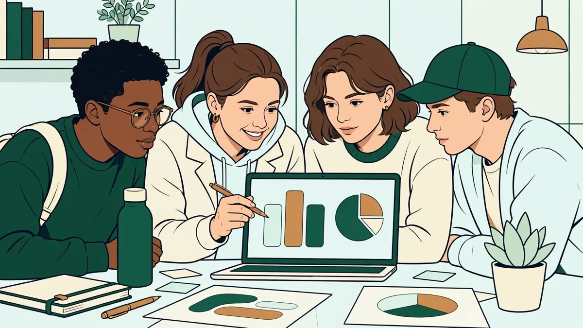 Quatre étudiants préparent une présentation sur ordinateur portable, avec graphiques et documents, dans une salle de travail lumineuse.