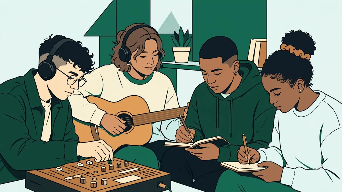 Quatre étudiants autour d'une table d'écoute en petite salle, casques sur les oreilles, l'une ajuste une console, un autre joue quelques notes à la guitare pendant que deux prennent des notes.