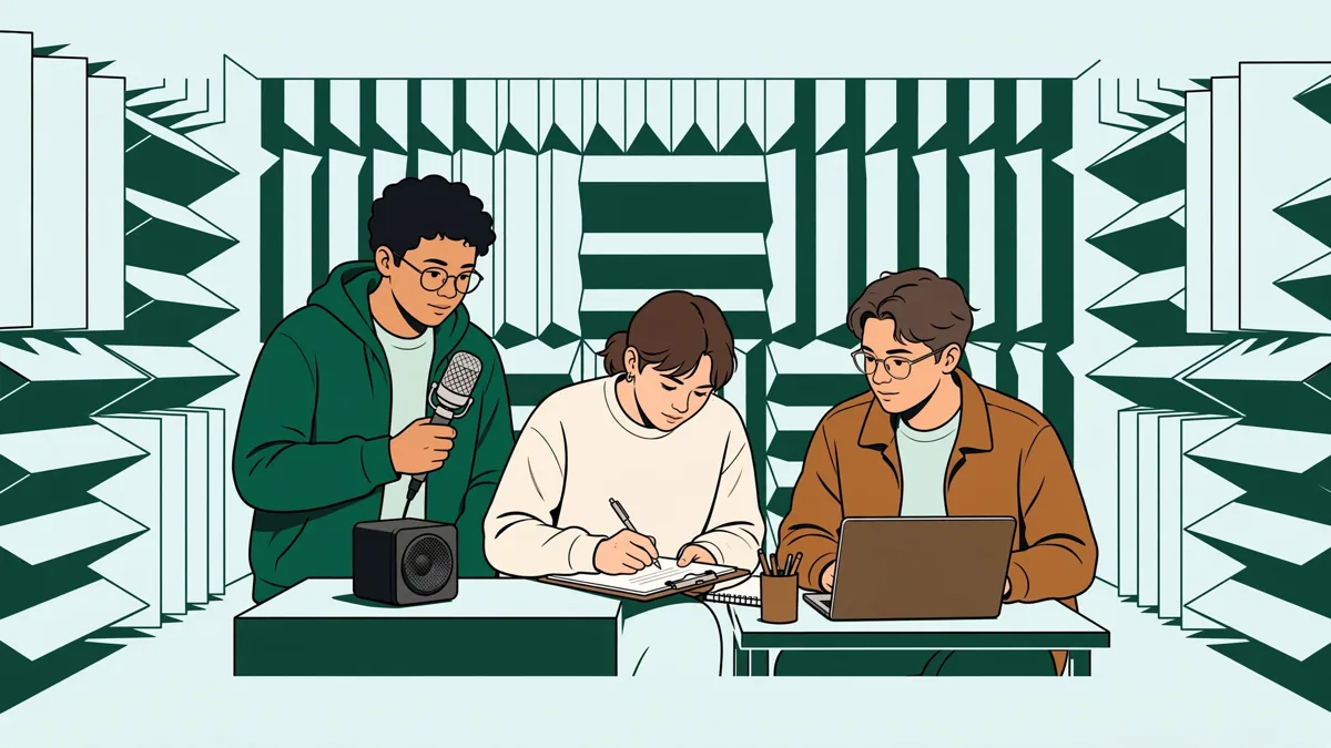 Trois étudiants en TP dans une salle aux murs couverts de mousses en pointes, l'un tient un microphone de mesure face à une petite enceinte, l'autre note sur un carnet, le troisième règle un ordinateur portable.