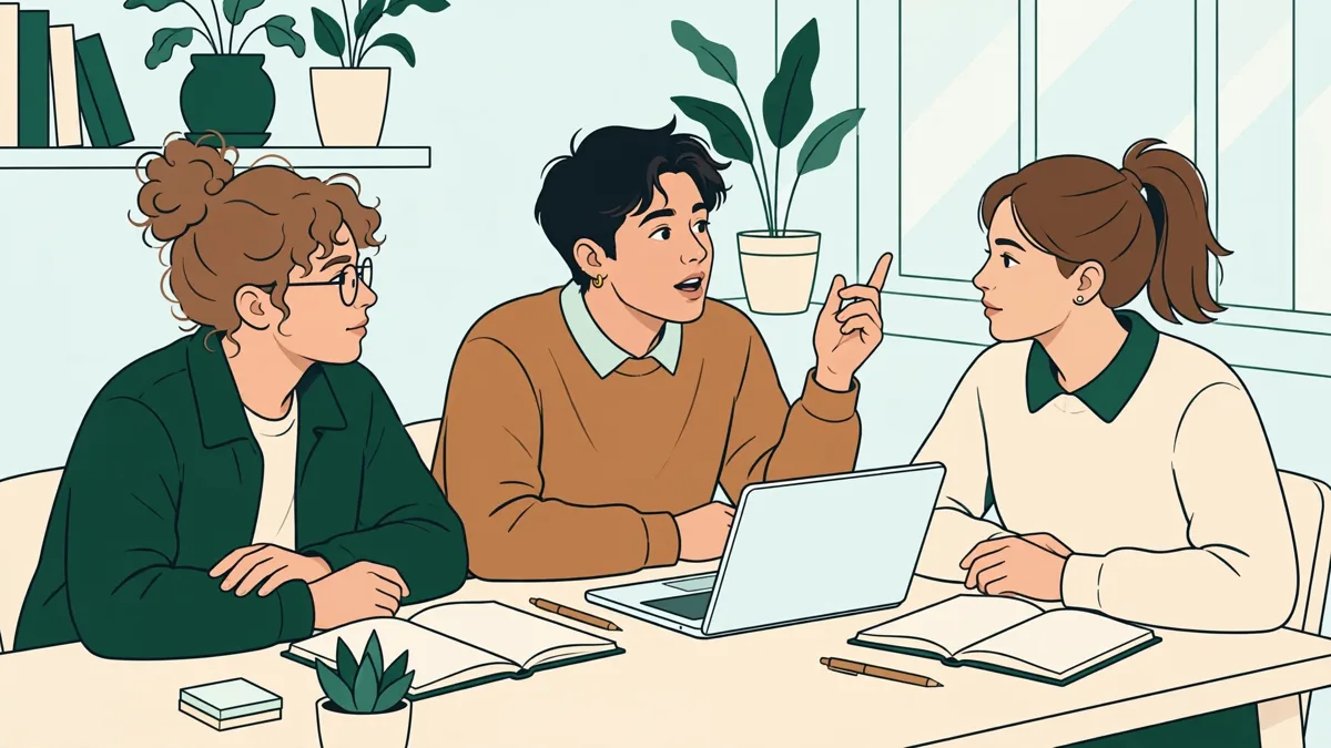 Trois étudiants autour d'une table qui préparent un exposé, carnets et ordinateur ouverts