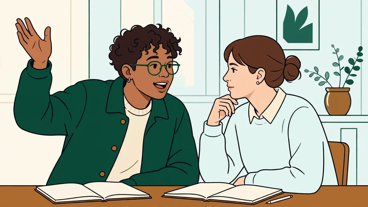 Étudiants en atelier de conversation en langues, par deux face à face, cahiers ouverts, l'une parle avec gestes pendant que l'autre écoute