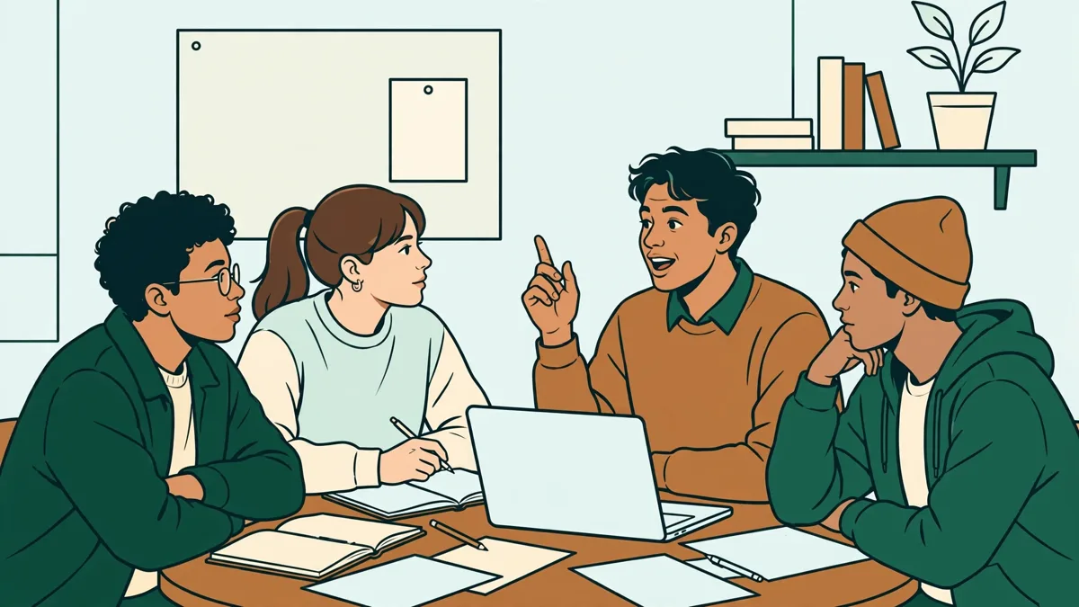 Quatre étudiants autour d'une table en travaux dirigés, documents et ordinateur portable ouverts, l'un d'eux prend la parole pendant que les autres écoutent