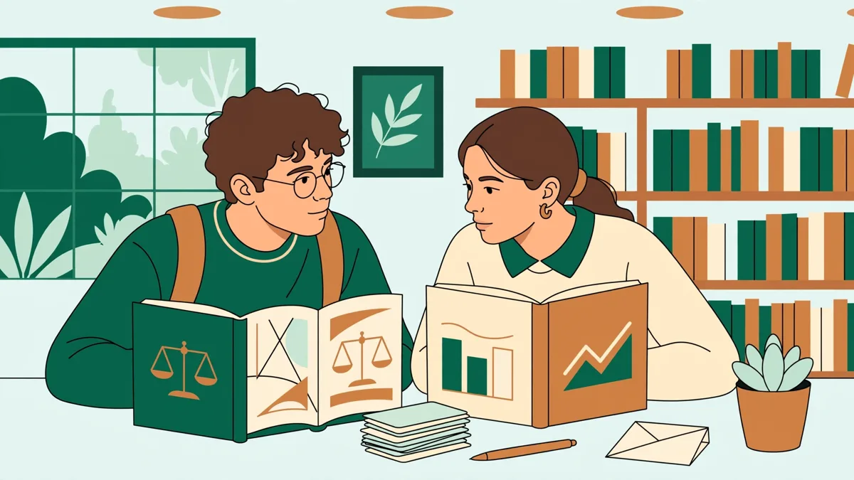 Deux étudiants de première année qui révisent ensemble en bibliothèque, manuels de droit et d'économie ouverts à côté de fiches de vocabulaire.