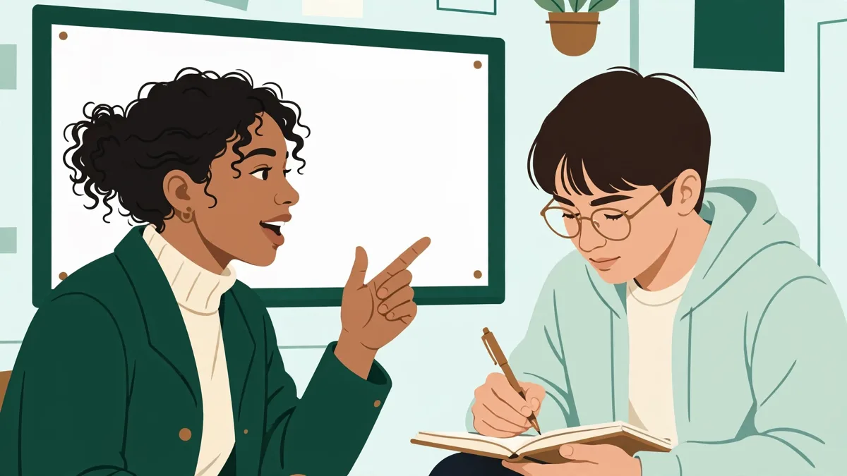 Deux étudiantes qui répètent un exposé en langue étrangère devant un tableau en salle de cours