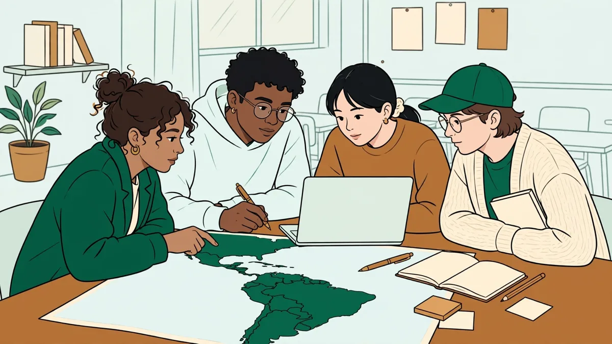 Petit groupe d'étudiants qui préparent un dossier autour d'une table avec un ordinateur et une carte de l'Amérique latine