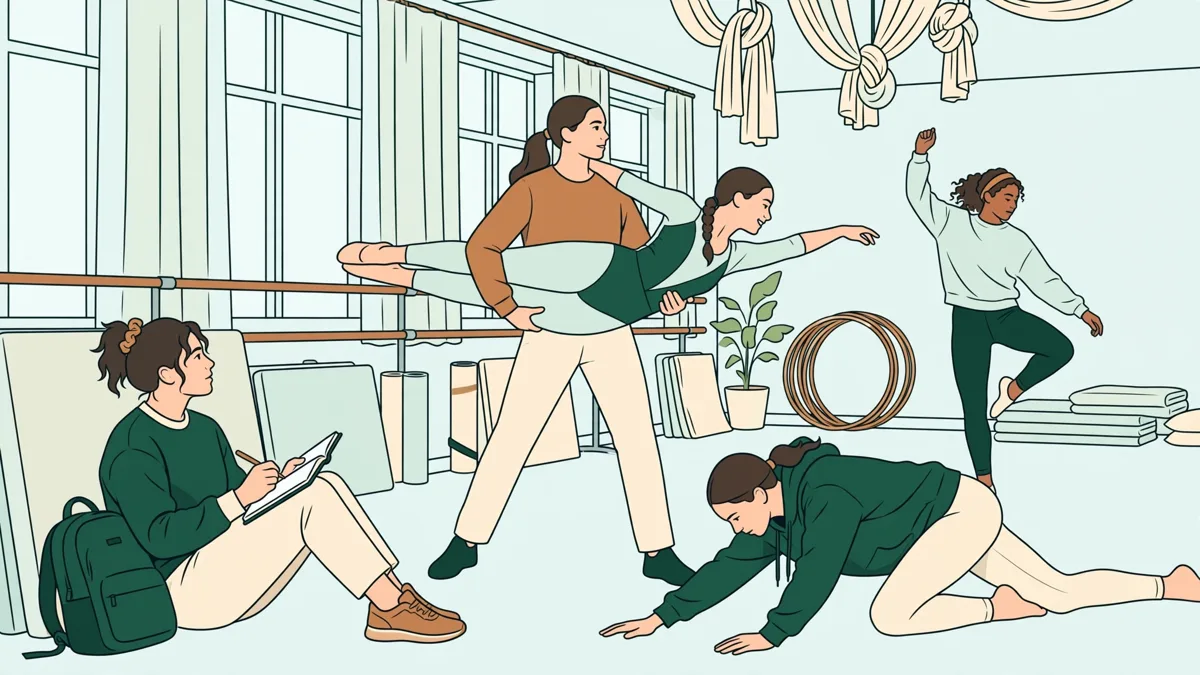 Étudiants en atelier de danse et cirque dans une salle de répétition, en mouvement au sol et en portés
