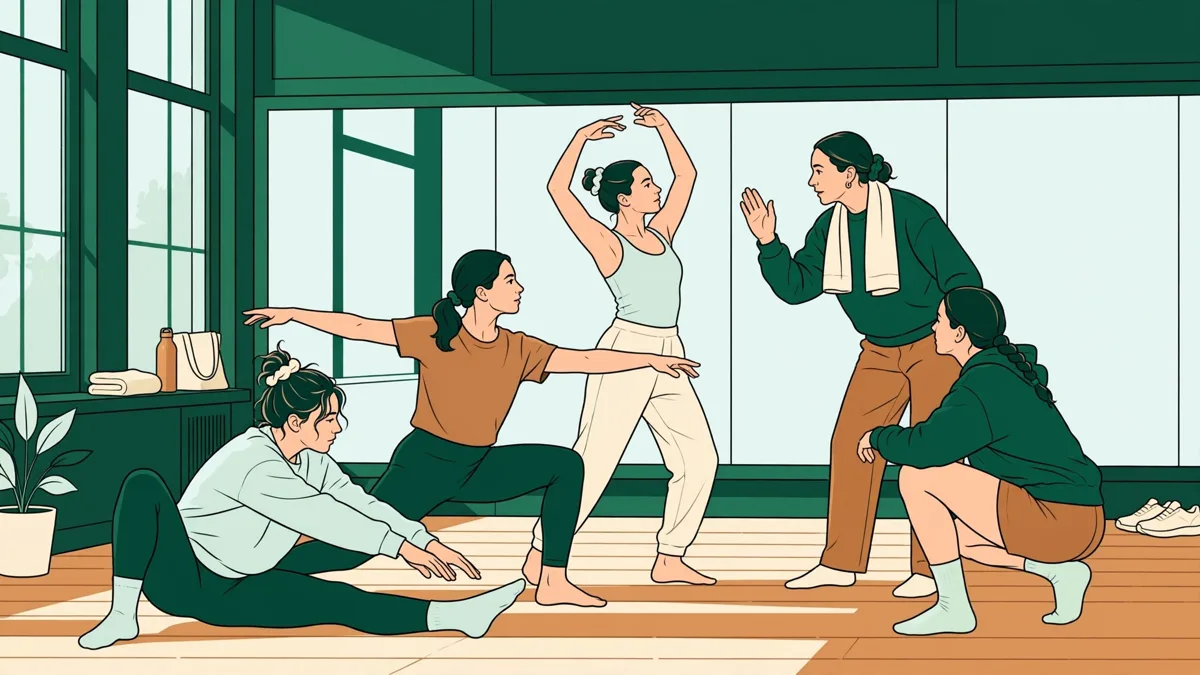 Petit groupe d'étudiantes et étudiants en tenue de danse dans un studio lumineux, en atelier contemporain guidé par une intervenante.