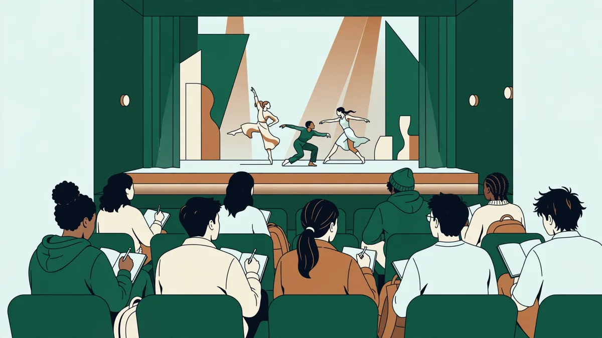Étudiants assis dans une salle de spectacle sombre regardant une pièce chorégraphique sur scène et prenant des notes.