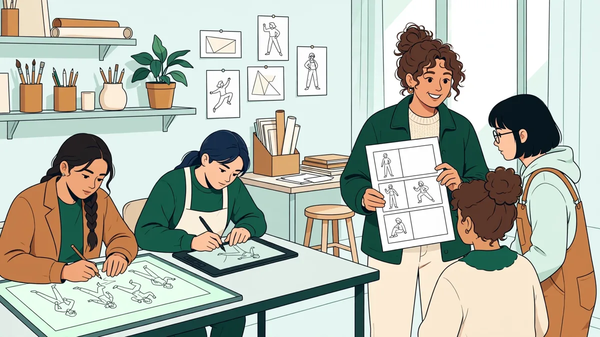 Étudiants en atelier qui dessinent des poses de personnages sur tables lumineuses et tablettes, un enseignant qui corrige un storyboard