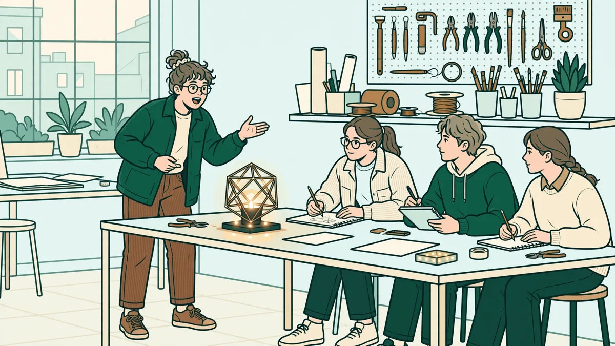 Étudiante qui présente une installation lumineuse devant d'autres étudiants en salle d'atelier