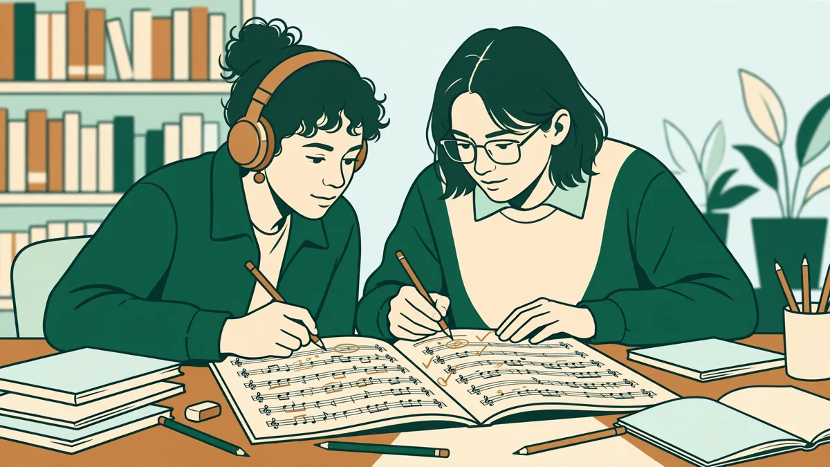 Deux étudiantes penchées sur une partition dans une bibliothèque, casque sur les oreilles, prenant des notes d'écoute.