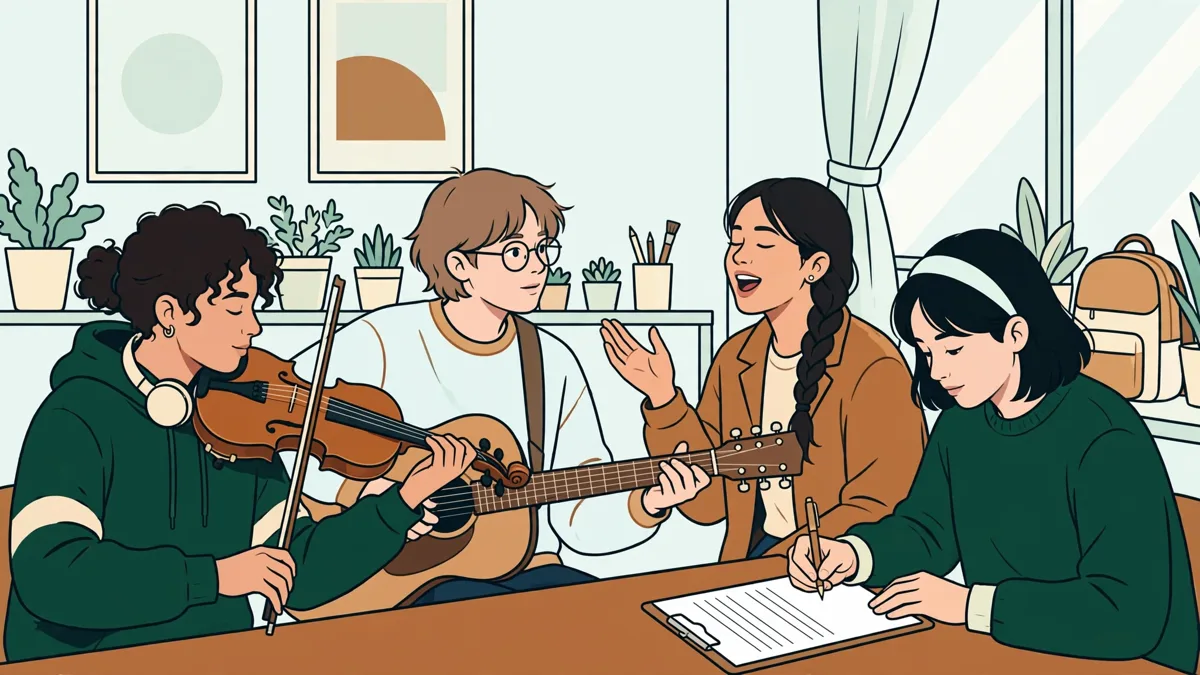 Quatre étudiants en musique répètent ensemble dans une salle claire, violon, guitare et voix, partitions ouvertes devant eux.
