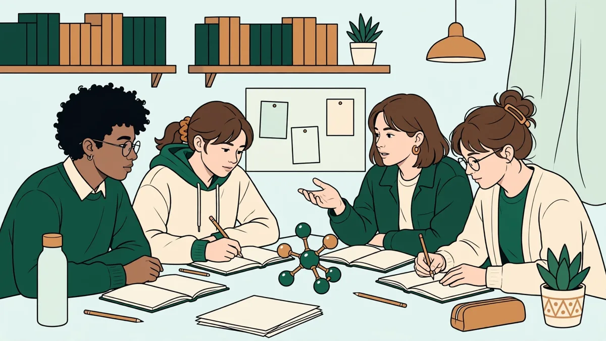 Petit groupe d'étudiants révisant ensemble autour d'une table, avec un modèle moléculaire et des fiches.