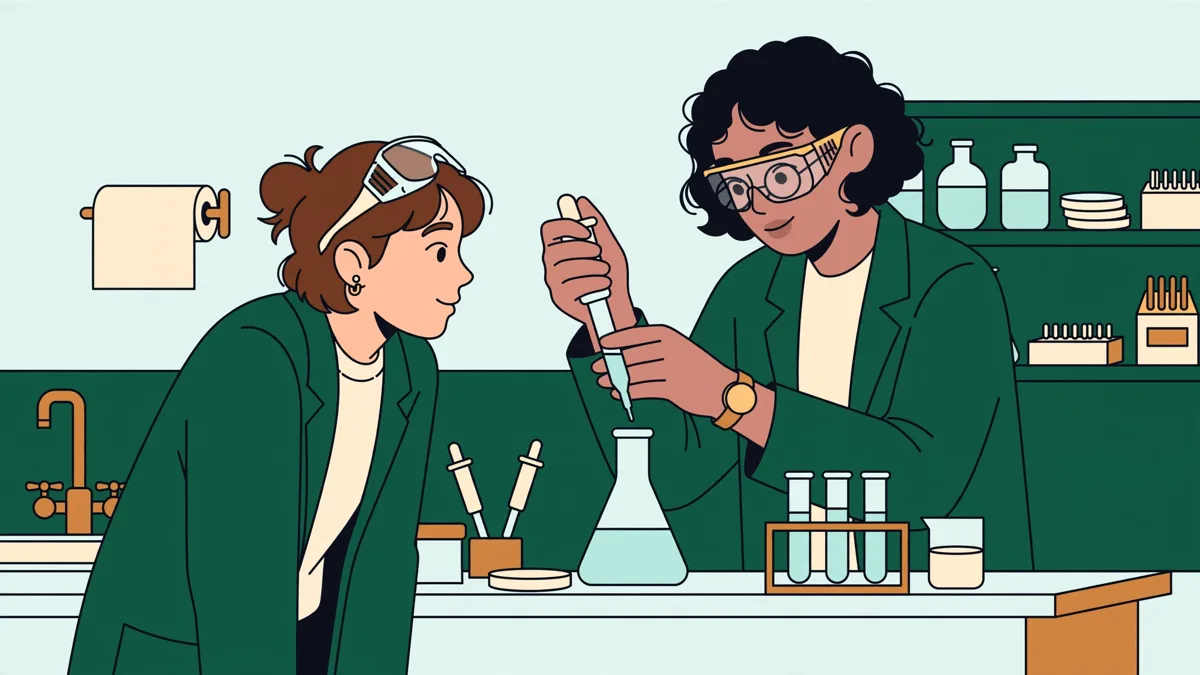 Deux étudiants en blouse manipulant ensemble à une paillasse de chimie, l'un versant un liquide à la pipette.
