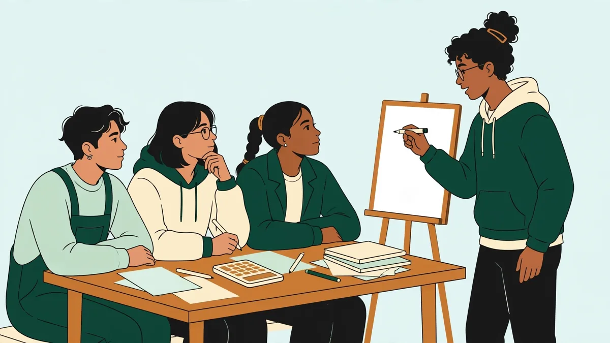 Quatre étudiants autour d'une table qui résolvent ensemble un exercice de calcul, feuilles et calculatrice étalées, l'un explique au tableau blanc.