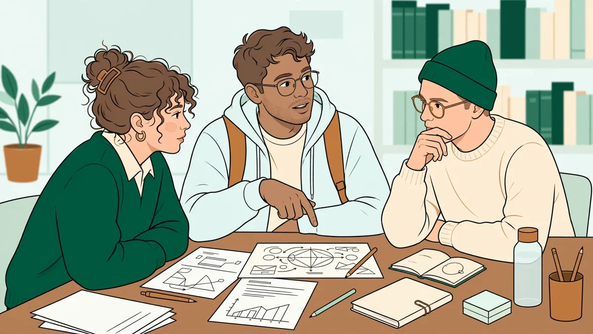 Trois étudiants autour d'une table de bibliothèque, fiches et schémas de biologie étalés, en train de se poser des questions.