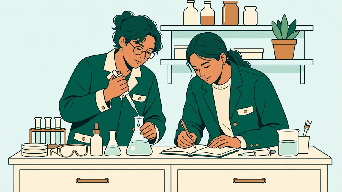 Deux étudiants en blouse autour d'une paillasse, l'un verse un liquide avec une pipette pendant que l'autre note les résultats.