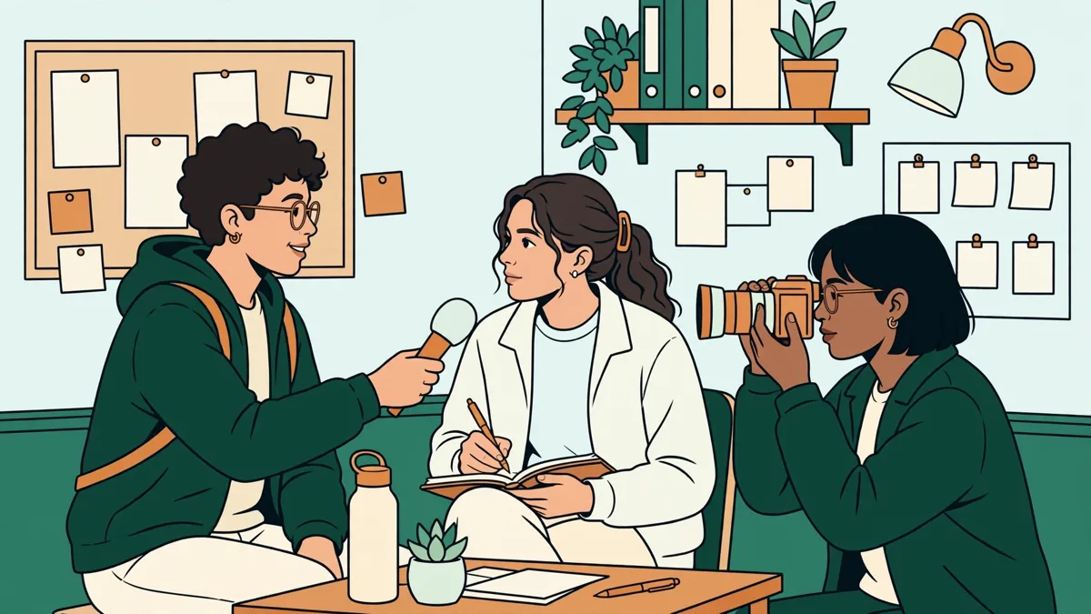 Trois étudiants dans un petit studio média, l'un tend un micro pour une interview, une autre prend des notes, le troisième filme avec une caméra.